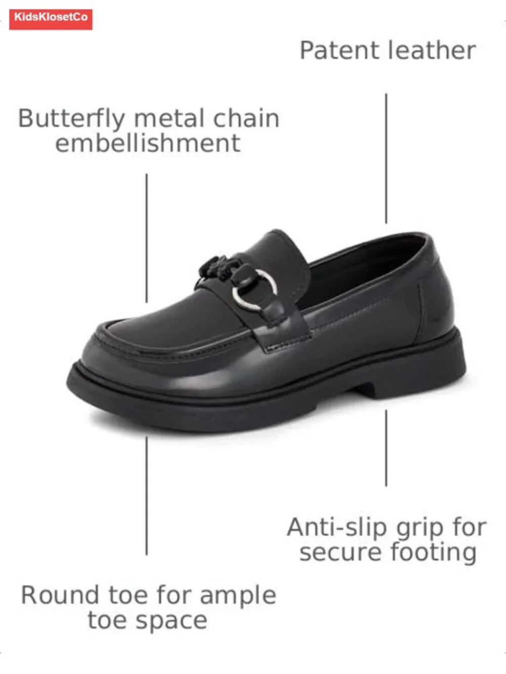 Girls Butterfly Metal Chain Patent Leather Loafers Slip-On Oxford School
